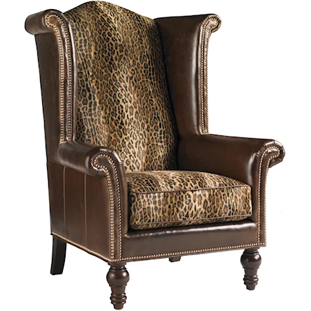 Kings Row Faux Leopard Chenille & Leather Upholstered High-Back Wing Chair with Old Brass Nailhead Trim